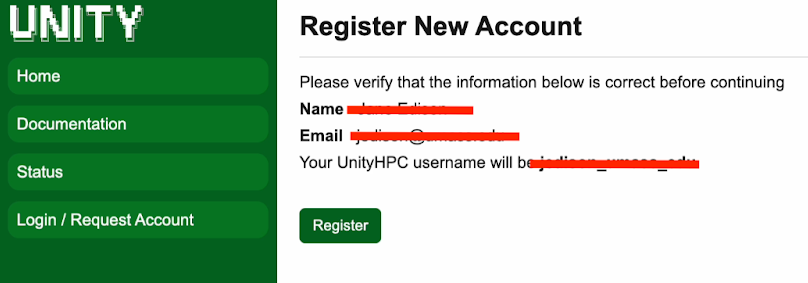 The Register New Account tab